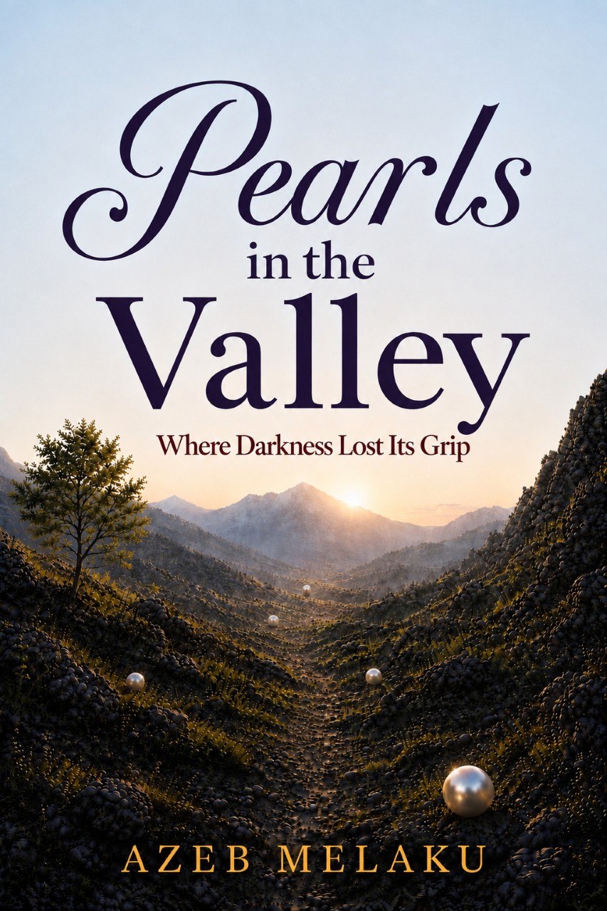 Front cover of Pearls in the Valley: Where Darkness Lost Its Grip, by Azeb Melaku. A dark valley of pearls under a rising sun.