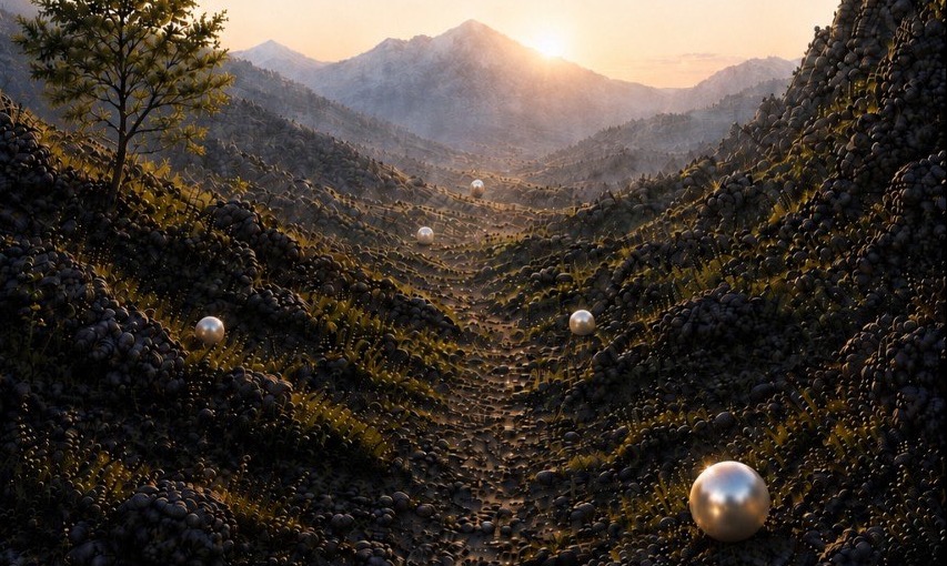 A dark valley of stones and grass leading to a mountain at sunrise, with a few pearls resting on the slopes